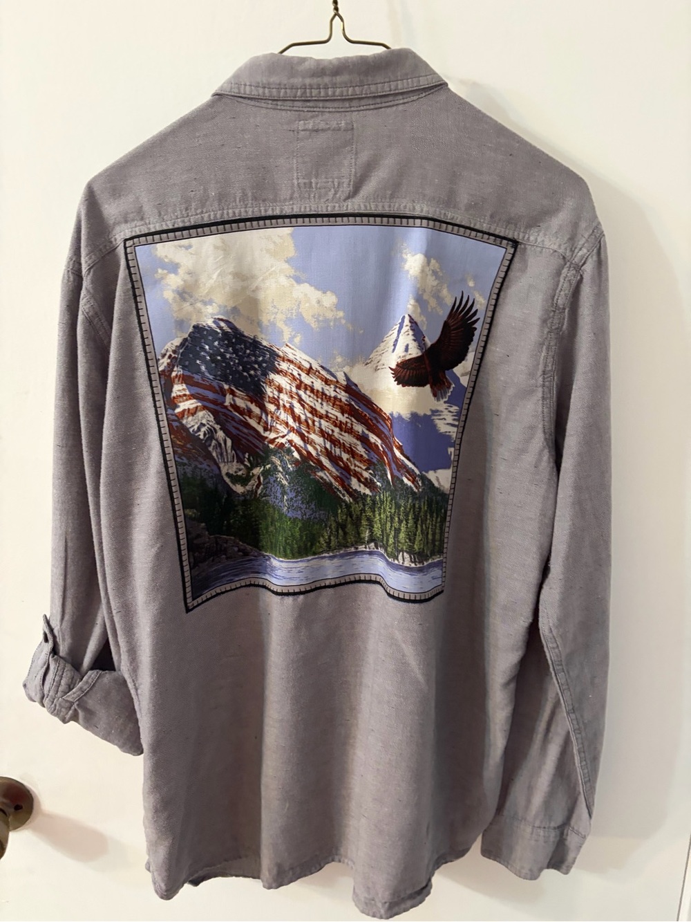 Upcycled Levi's Gray Shirt/shacket with Scenic Eagle & Flag Back Panel sewn into
